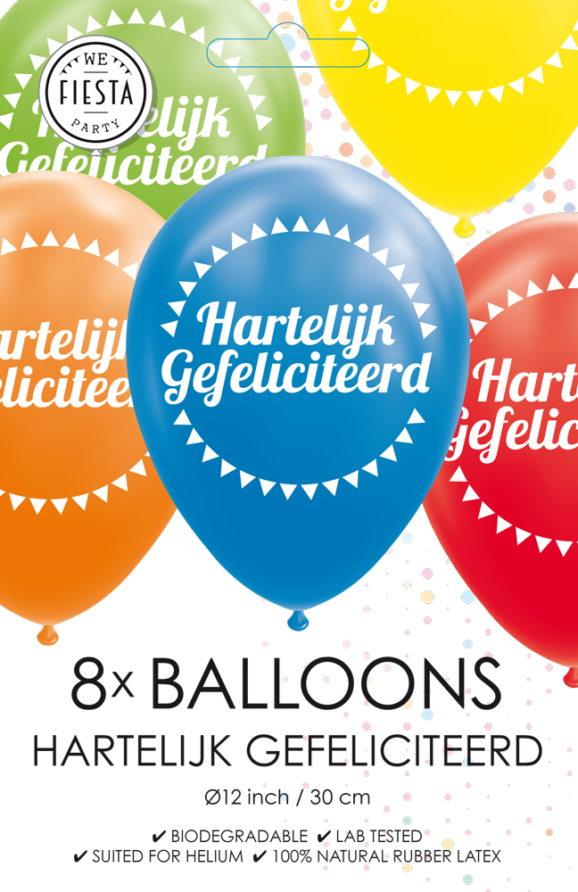Globos Europe - Hartelijk Gefeliciteerd 8x Latex Ballonnen - 12 inch / 30 cm
