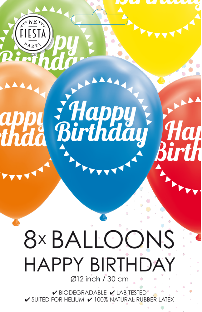 Globos Europe - Happy Birthday 8x Latex Ballonnen - 12 inch / 30 cm